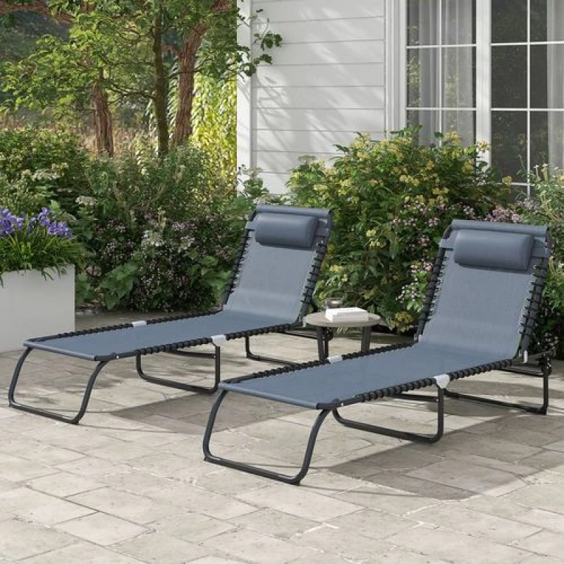 Image of Outsunny 2pc Beach Chaise Lounge, 4 Positions - Grey 84B-206V04GY