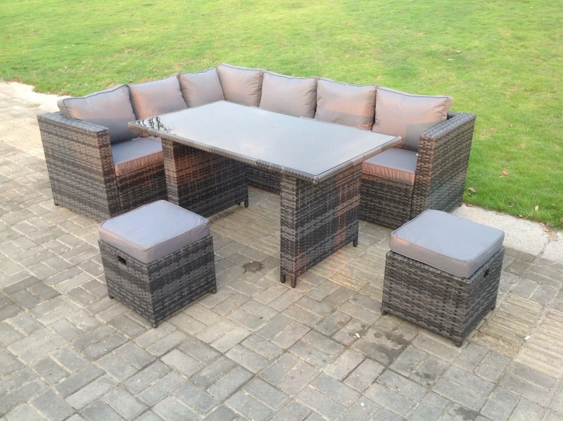 Image of Fimous Outdoor Lounge Rattan Corner Sofa Set Garden Furniture with Small FootStools 6 Seater Dark Grey