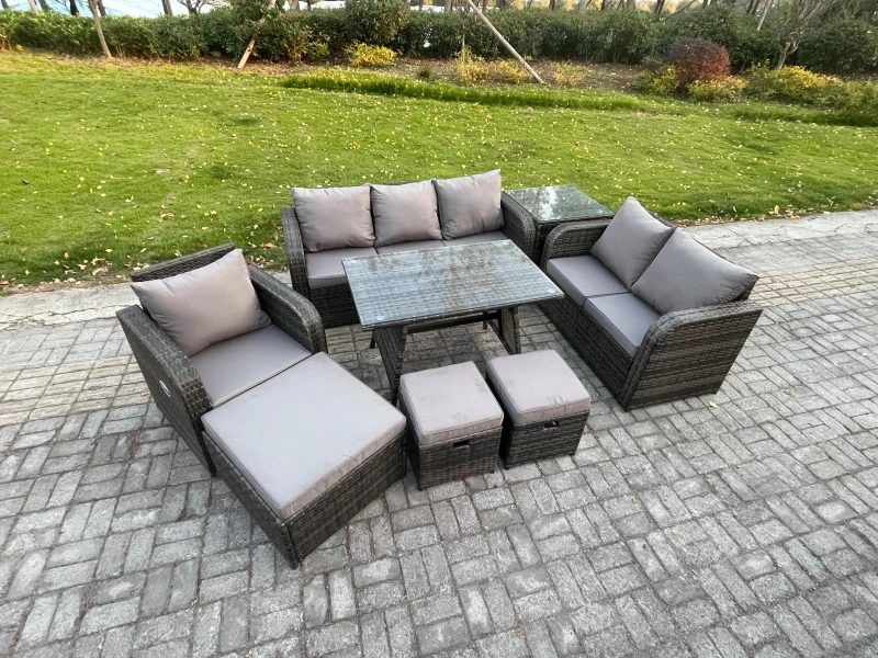 Image of Fimous 9 Seater Outdoor Rattan Garden Furniture Set Patio Lounge Sofa Set with Dining Table 3 Footstools Side Table Dark Grey Mixed Dark Grey