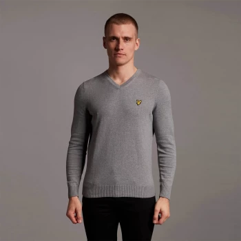 Image of Mens V Neck Cotton Merino Jumper - Mid Grey Marl - S