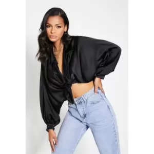 Image of I Saw It First Satin Tie Front Cropped Shirt - Black