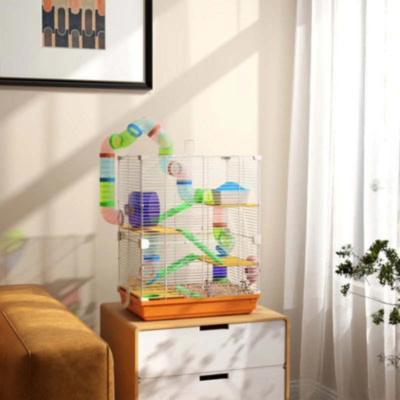 Image of PawHut 5 Tier Hamster Cage Carrier Habitat Small Animal House with Exercise Wheels Tunnel Tube Water Bottle Dishes House Ladder for Dwarf Orange - Paw