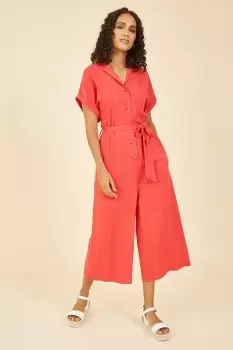 Image of Red Linen Blend Button Up Jumpsuit