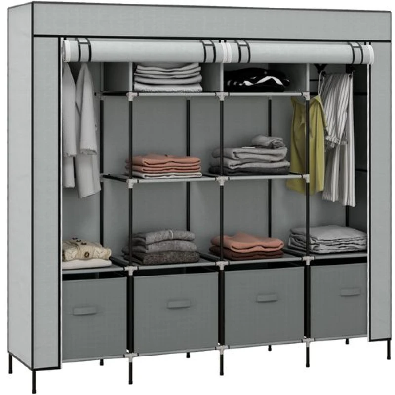 Image of HOMCOM HOMCOM Fabric Wardrobe w/ 12 Shelves 2 Hanging Rails Foldable Closets in Dark Grey Dark Grey One Size Unisex 5063603020320