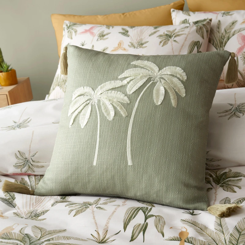 Image of Catherine Lansfield Paradiso Palm Embroidered 45cm x 45cm Filled Cushion Sage Green