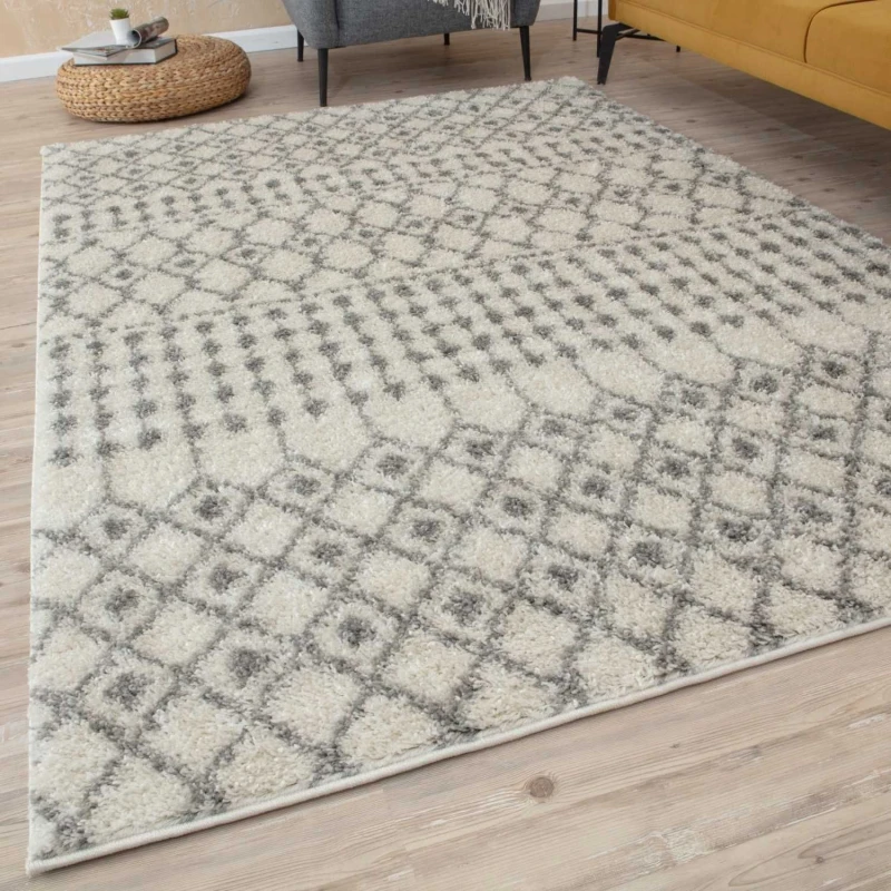 Image of THE RUGS Soft Moroccan Diamond Shaggy Rugs & Runners Ivory Grey Living Room Size: 200cm x 290cm Ivory Unisex 200cm x 290 cm