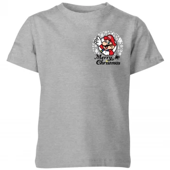Image of Nintendo Super Mario Mario Merry Christmas Pocket Wreath Kid's T-Shirt - Grey - 3-4 Years