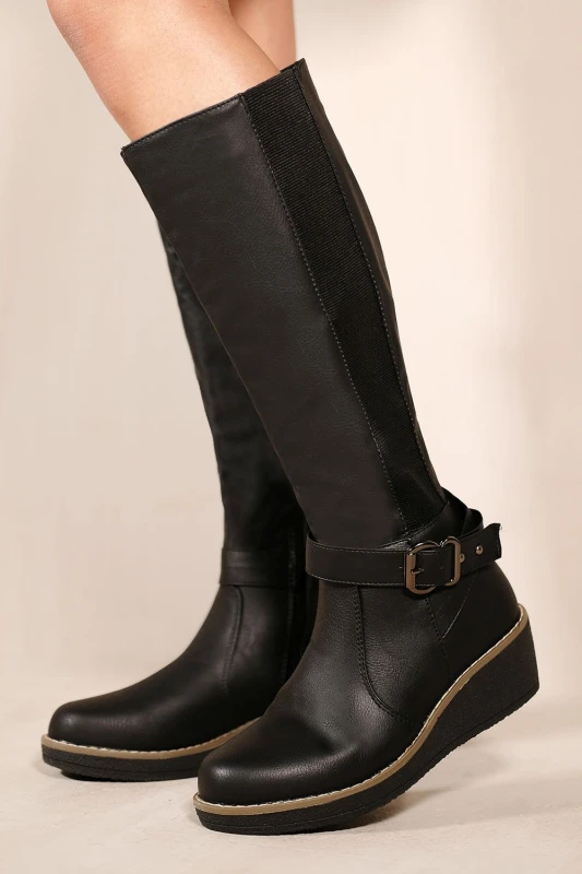 Image of Where's That From Womens 'Ayleen' Wedge Heel Knee High Boots in Black Size: 7 Black Female 7