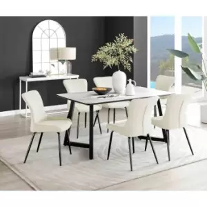Image of Furniture Box Carson White Marble Effect Dining Table and 6 Cream Nora Black Leg Chairs
