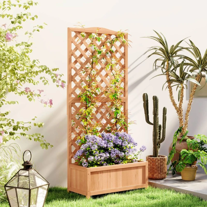 Image of OUTSUNNY Garden Wooden Planter Box with Trellis Flower Raised Bed Natural in Brown Brown Unisex