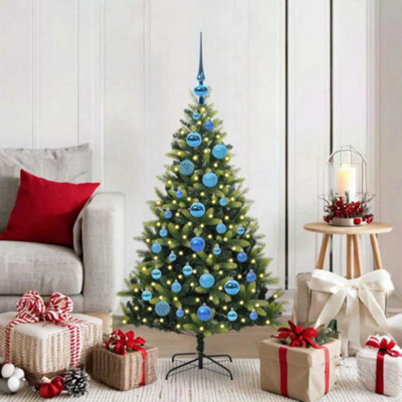 Image of vidaXL Artificial Hinged Christmas Tree 150 LEDs, Blue Balls Green 120 cm, Green 3395980