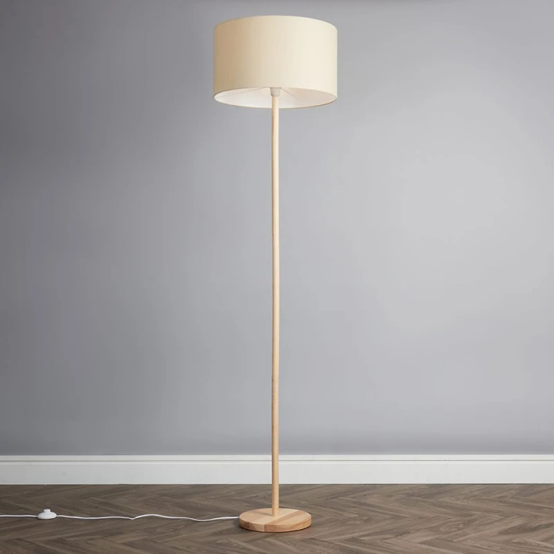 Image of ValueLights Heather Light Wood Floor Lamp with Fabric Drum Shade and LED Bulb Natural