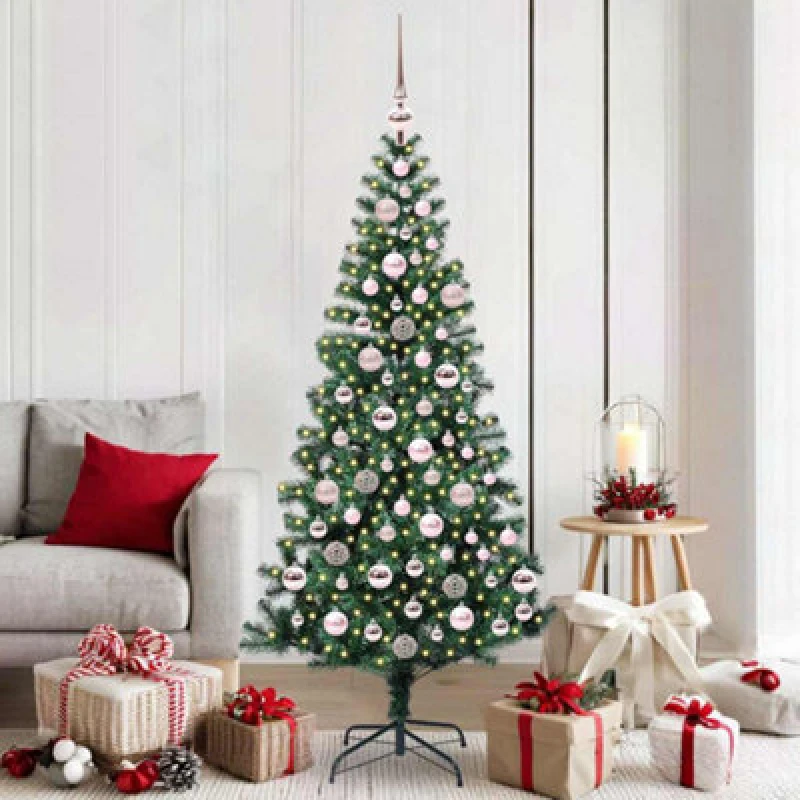 Image of vidaXL Artificial Pre-lit Christmas Tree with Pink Balls Green 180cm PVC and Metal, Green 3396764
