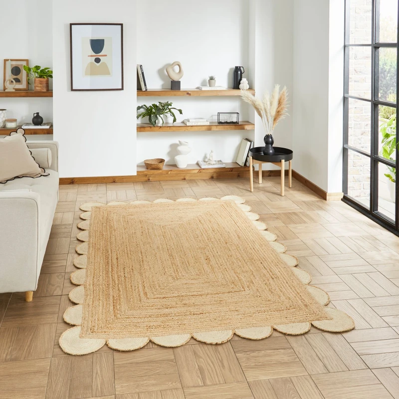 Image of Think Rugs Savannah Jute Brown Rectangle 120 x 170cm Jute Natural Scallop, Brown SAVSCAL1217