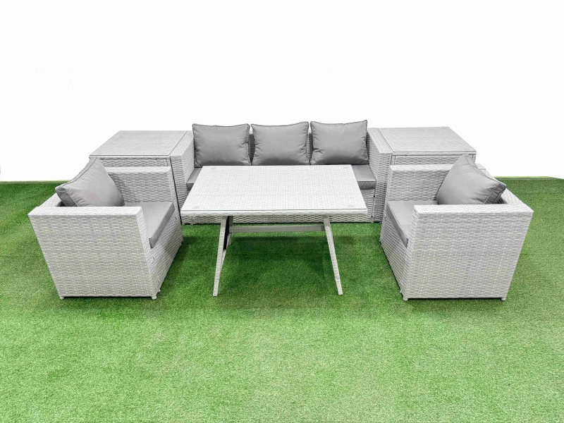 Image of Fimous Outdoor PE Rattan Sofa Armchair Set with 2 Side Tables 7 Pieces in Light Grey Light Grey Unisex