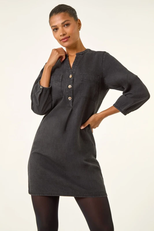 Image of Roman Womens Cotton Denim Button Shift Dress in Black Size: 18 Black Female 18