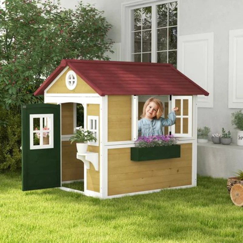 Image of Outsunny Outsunny Wooden Playhouse with Doors, Wooden, Plant Pots for Kids - Beige