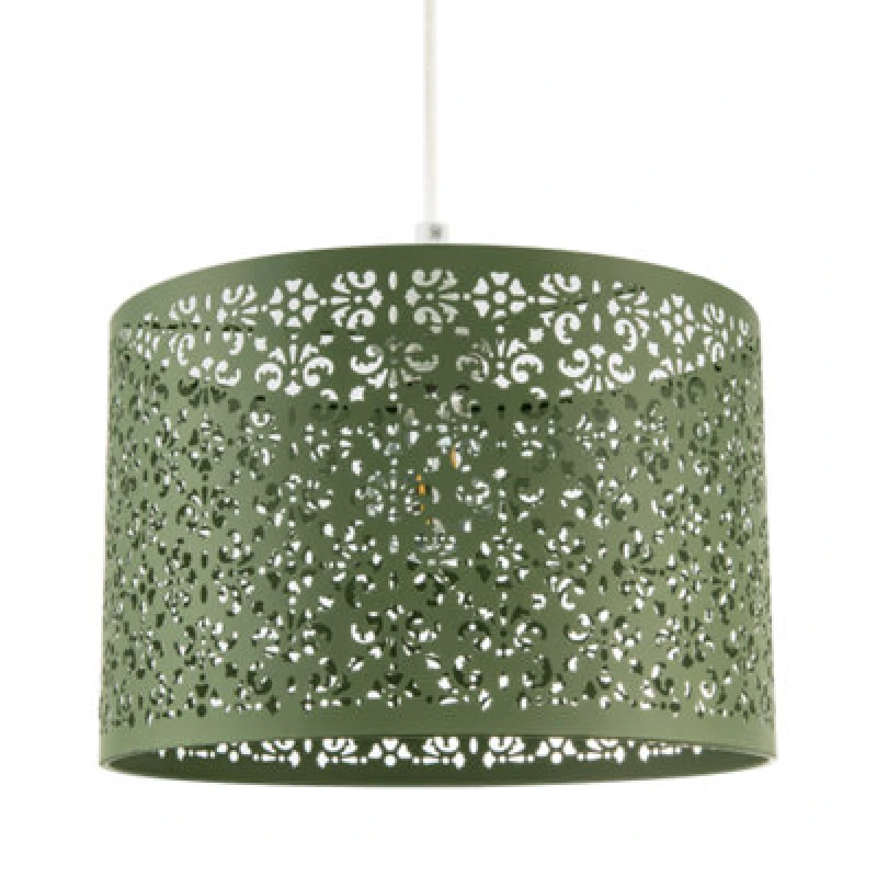 Image of Happy Homewares Olive Green Moroccan Metal Pendant Light Shade With Floral Decoration