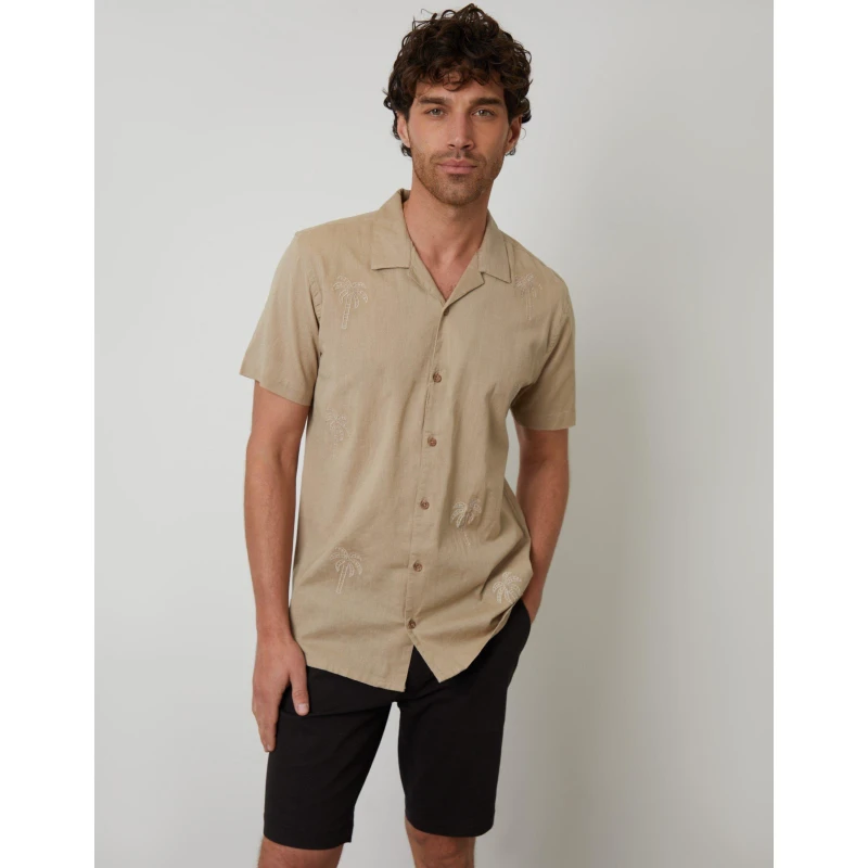 Image of Threadbare Mens Short-Sleeve Bowling Shirt Stone male Medium