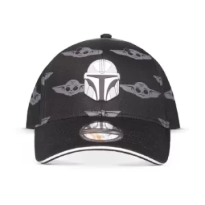 Image of STAR WARS The Mandalorian Helmet Patch with Grogu All-over Print Adjustable Baseball Cap, Black/Grey (BA750483STW)