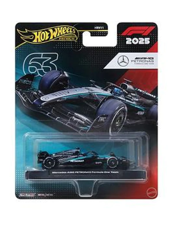 Image of Hot Wheels Premium Formel 1 Mercedes-Benz - George Russell #63 Die-Cast-Spielzeugauto im Maßstab 1:64 Sammelspielzeug-Rennauto mit Real Riders-Reifen