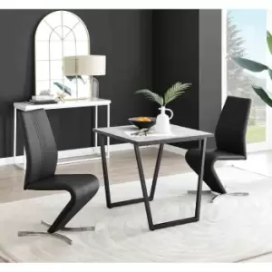 Image of Furniture Box Carson White Marble Effect Square Dining Table and 2 Black Willow Chairs