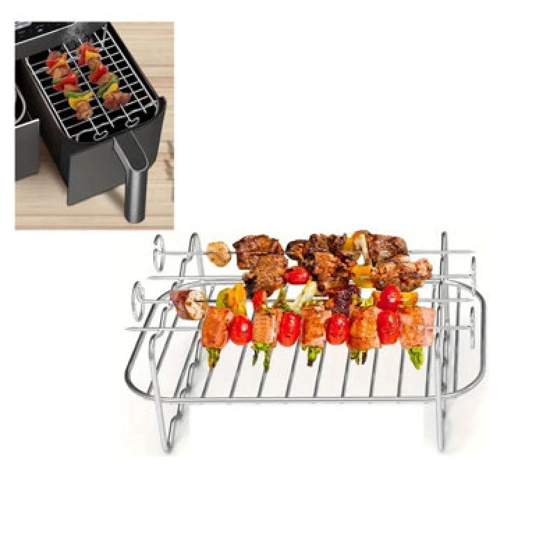 Image of Rectangle Air Fryer Skewer Rack Grill With 4 Metal Kebab Vegetable Skewers 20Cm