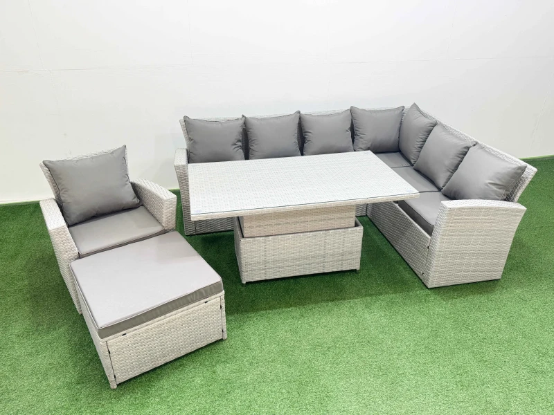Image of Fimous 8 Seat Rattan Garden Furniture Corner Sofa Set with Footstool in Light Grey Light Grey Unisex