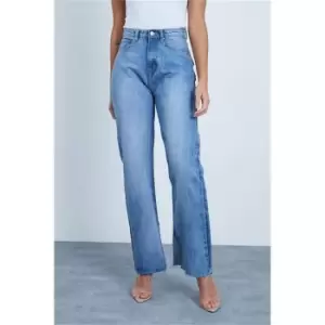 Image of I Saw It First Vintage Wash Inside Split Rigid Jeans - Blue