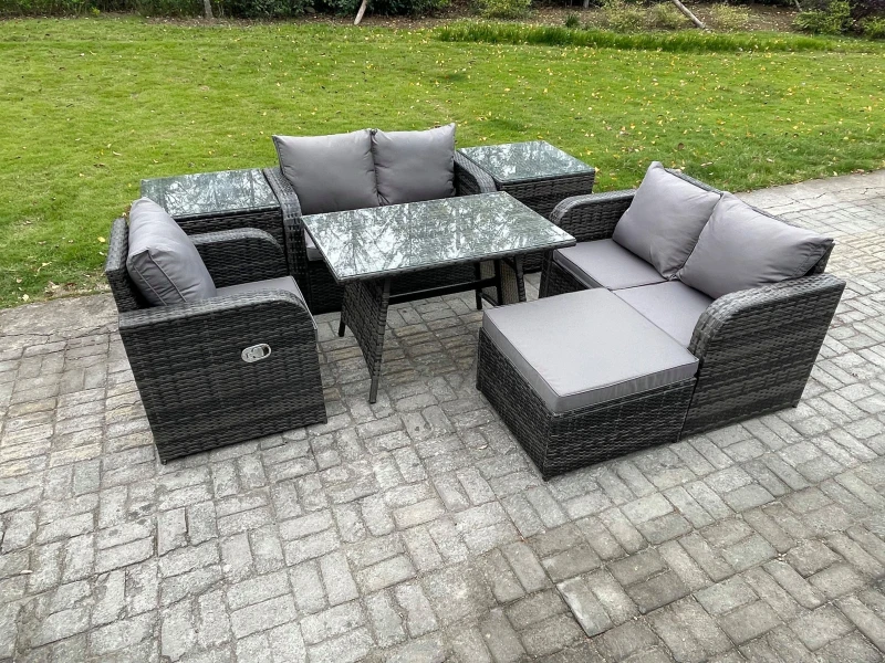 Image of Fimous 7 Pieces Outdoor Garden Dining Sets Rattan Furniture With Dining Table Armchairs Love Sofa 2 Side Tables Big Footstool Dark Grey Mixed Dark Gre