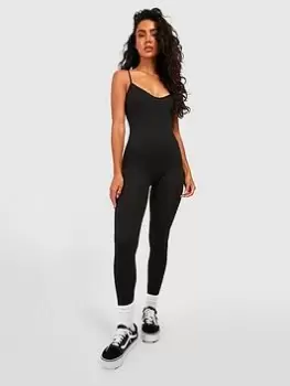 Image of Boohoo Seamless Ribbed Unitard - Black Size L, Women