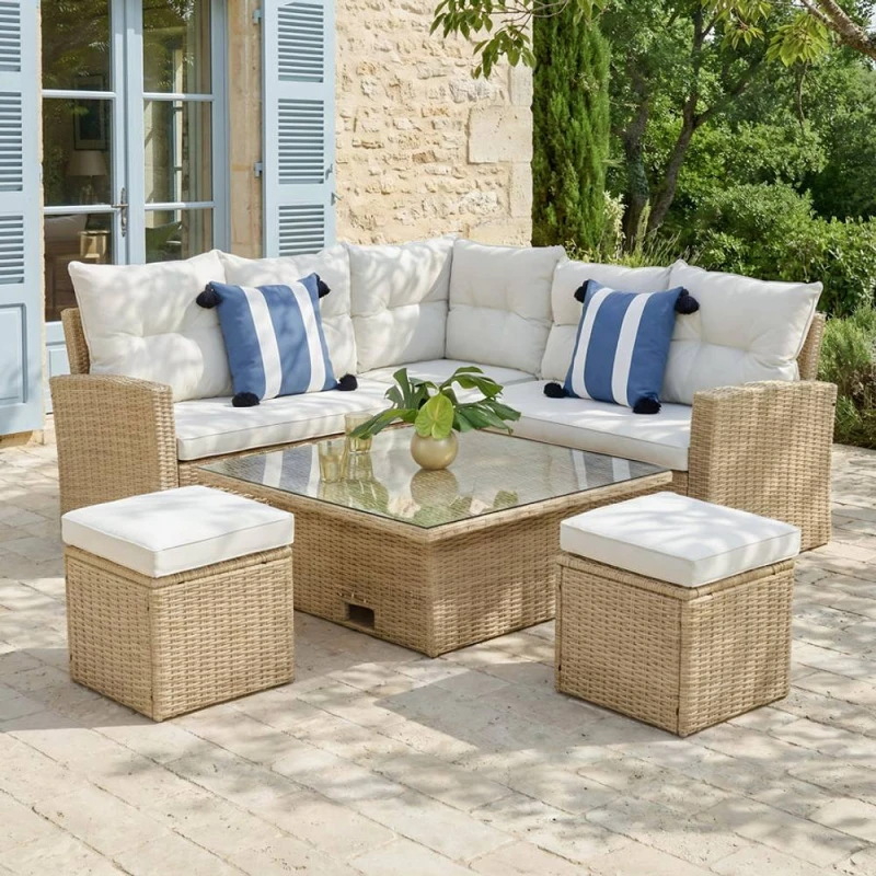 Image of Home Garden Direct St. Tropez Garden Corner Sofa with Rising Table Natural Natural Unisex