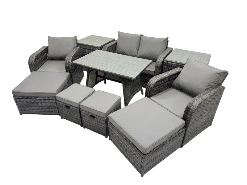 Image of Fimous 8 Seater Rattan Sofa Oblong Dining Table with 2 Big Stool 2 Side Table in Dark Grey Dark Grey Unisex