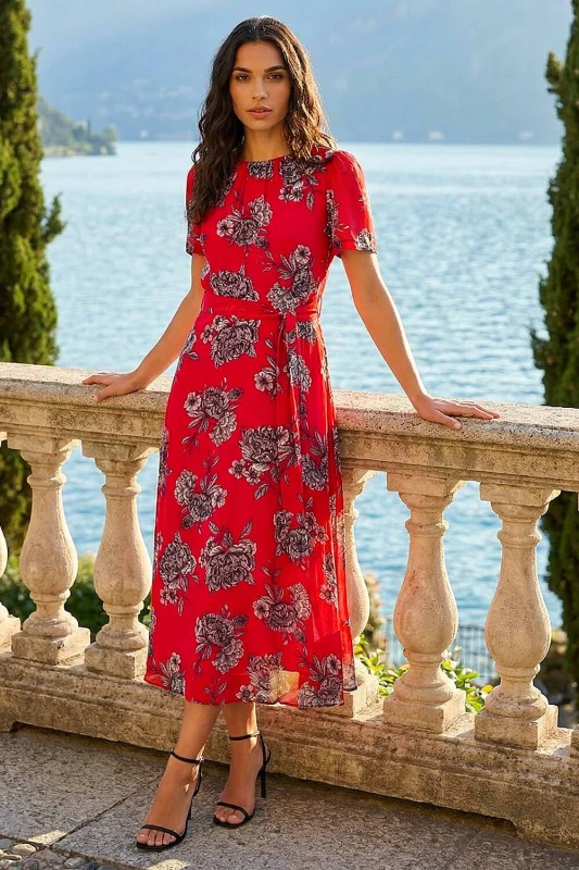 Image of Roman Womens Floral Print Stretch Pleated Dress in Red Size: 18 Red Female 18