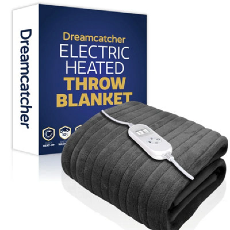 Image of Dreamcatcher Deluxe Electric Throw Heated Double Over Blanket Soft Fleece Variable Heat & Timer Settings Grey