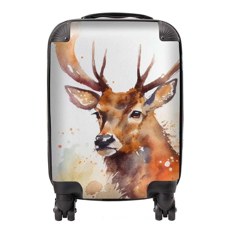 Image of Warren Reed - Designer Majestic Stag Watercolour Suitcase in Brown Size: Small Brown Unisex Small
