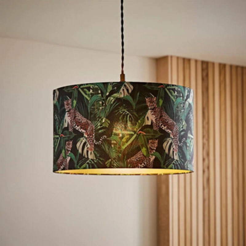 Image of ValueLights ValueLights Addalyn Green Jungle Print with Gold Inner Drum Easy Fit Lamp Shade Green One Size Unisex 5016529272946