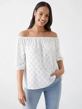 Image of Dorothy Perkins Broderie Bardot Top - White, Size S, Women