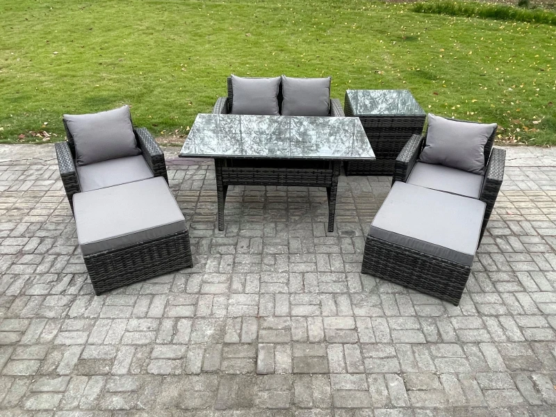 Image of Fimous Outdoor Lounge Sofa Garden Furniture Set Rattan Rectangular Dining Table with Double Seat Sofa Armchair 2 Big Footstool in Dark Grey Dark Grey