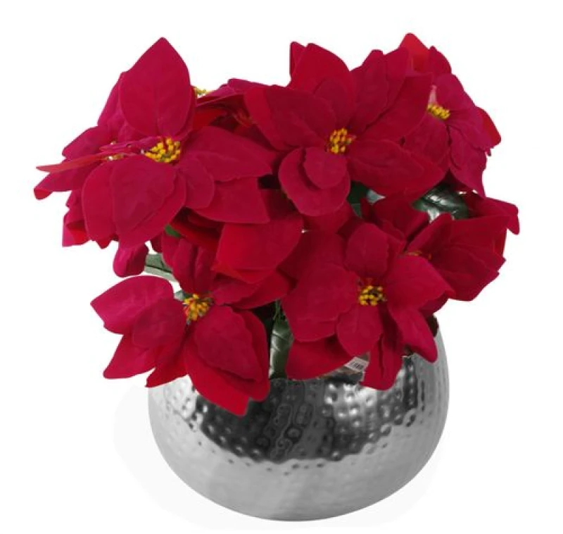 Image of Leaf Artificial Christmas Xmas Poinsettias Silver Curve Large Metal Planter Red