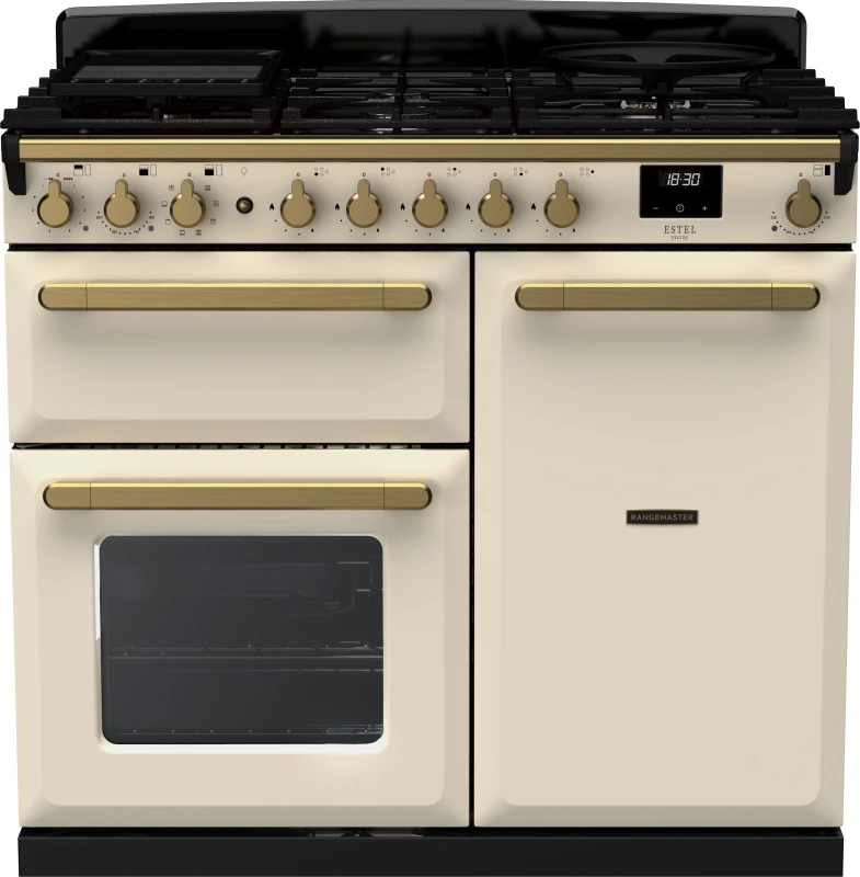 Image of Rangemaster Estel Deluxe ESDL100DFPPCR/AB1 100cm Dual Fuel Range Cooker - Cream / Antique Brass - A/A Rated