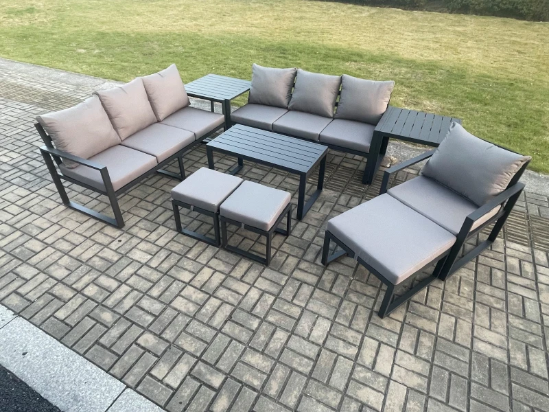 Image of Fimous Aluminium 9 Pieces Garden Furniture Set with Cushions 10 Seater Outdoor Patio Lounge Sofa Set with Armchair 3 Footstools 2 Side Tables Dark Gre