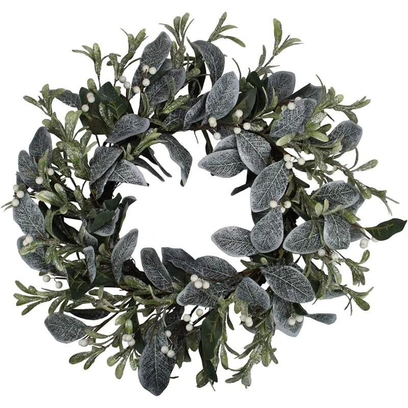 Image of Shatchi 55cm Natural Looking Artificial Snowy Leaves, White Berries and Glittered Flowers Wreath Front Door Hanging Christmas Wedd Green