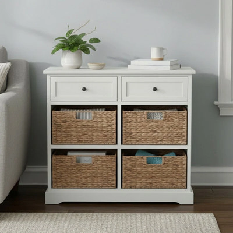 Image of Premier Housewares Vermont Two Drawers Four Baskets Cabinet, Delivered Fully Assembled Ivory
