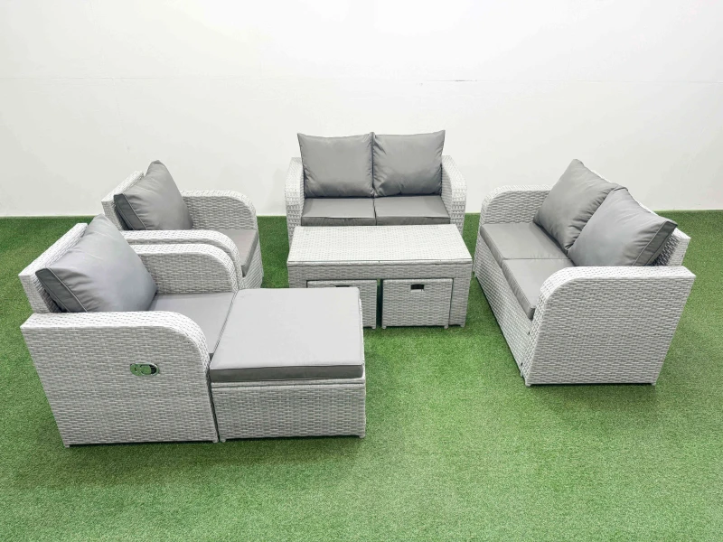 Image of Fimous 9 Seater Outdoor Reclining Chair Love Sofa Set Rattan Garden Furniture Set with Oblong Coffee Table 3 Stools Light Grey Light Grey