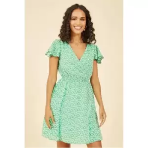 Image of Mela London Green Ditsy Print Wrap Skater Dress - Green