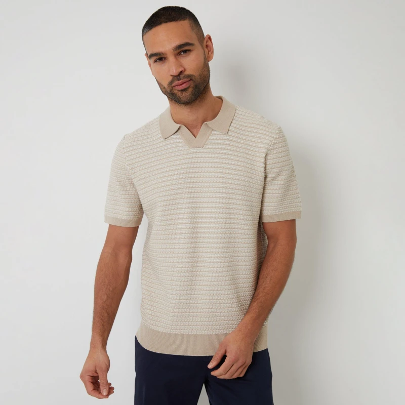 Image of Threadbare Textured Stripe Trophy Neck Knitted Polo Shirt - Beige Beige L