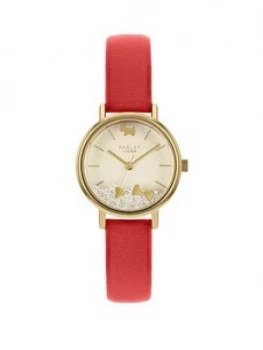 Image of Radley Hello Love Champagne And Gold Detail Floating Crystal Dial Red Leather Strap Ladies Watch