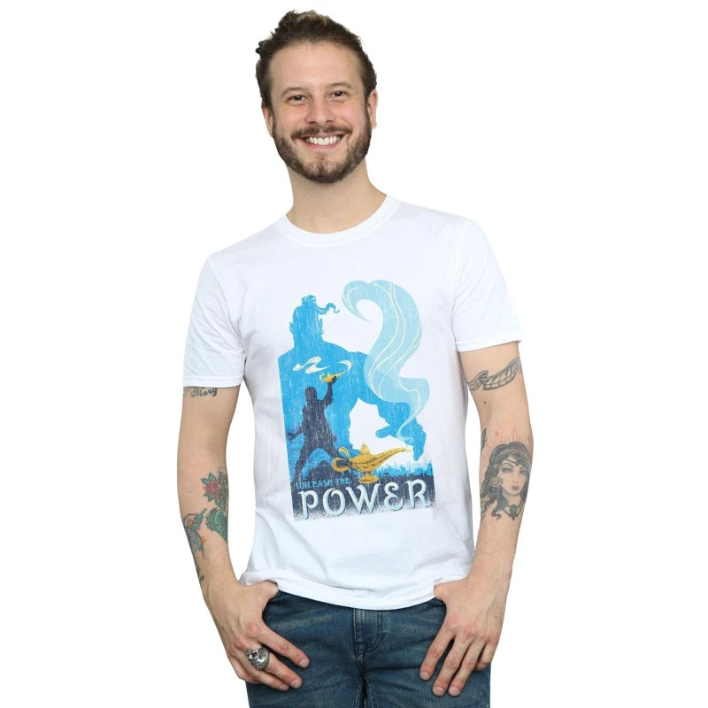 Image of Disney Men Aladdin Movie Unleash The Power T-Shirt in White Size: Small White S Male 5059276932428