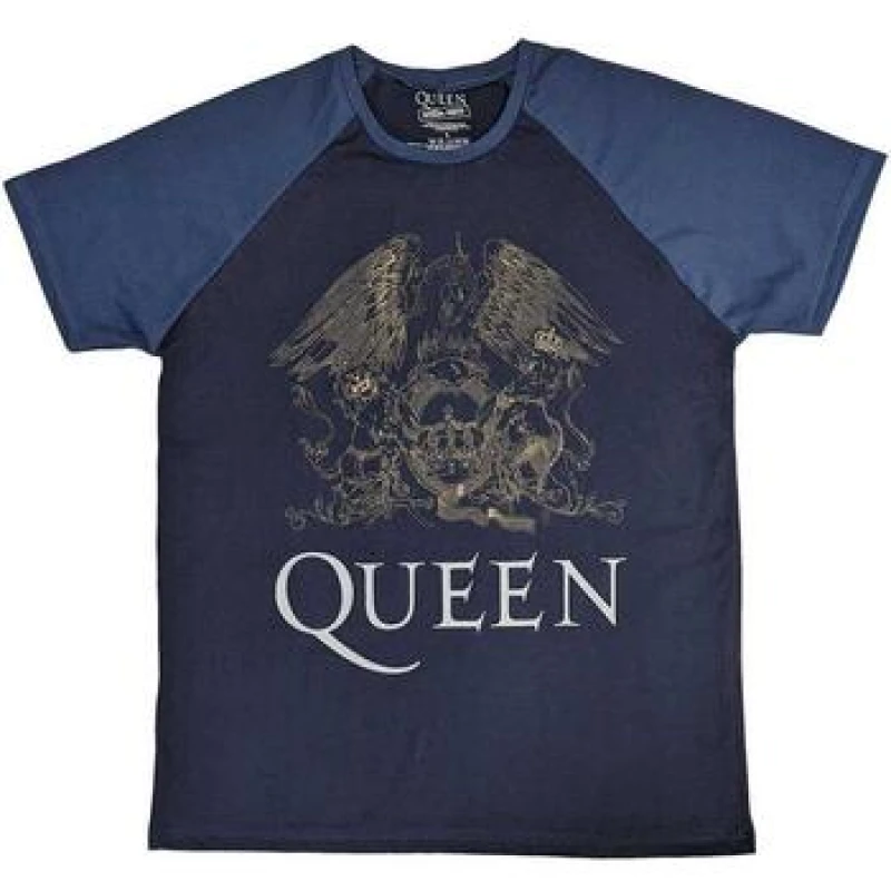 Image of Queen Queen Men Crest Raglan T-Shirt in Mid Navy Size: X-Large Mid Navy XL Male 5063470306589